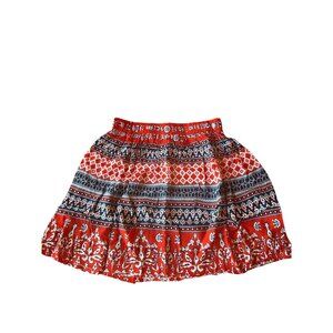 Raga Red & Blue Bohemian Patterned XS Mini Skirt With Elastic Waist & Ruffle Hem